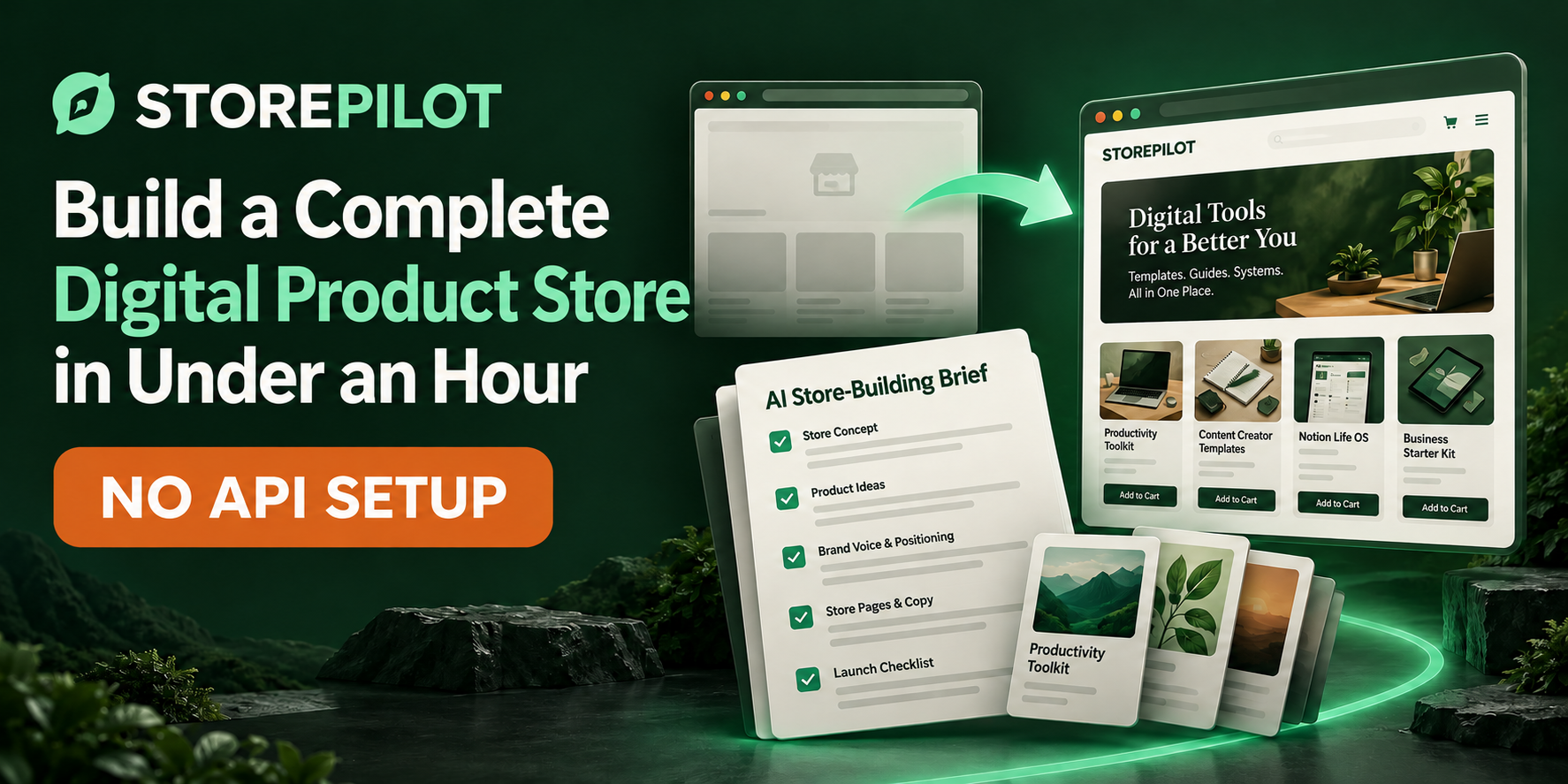 StorePilot store-building brief and digital product store artwork